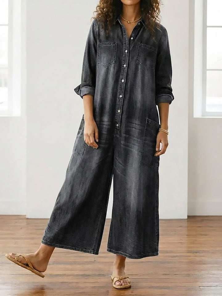 Diana | Vintage jumpsuit in denim katoen zacht gewassen met knopen