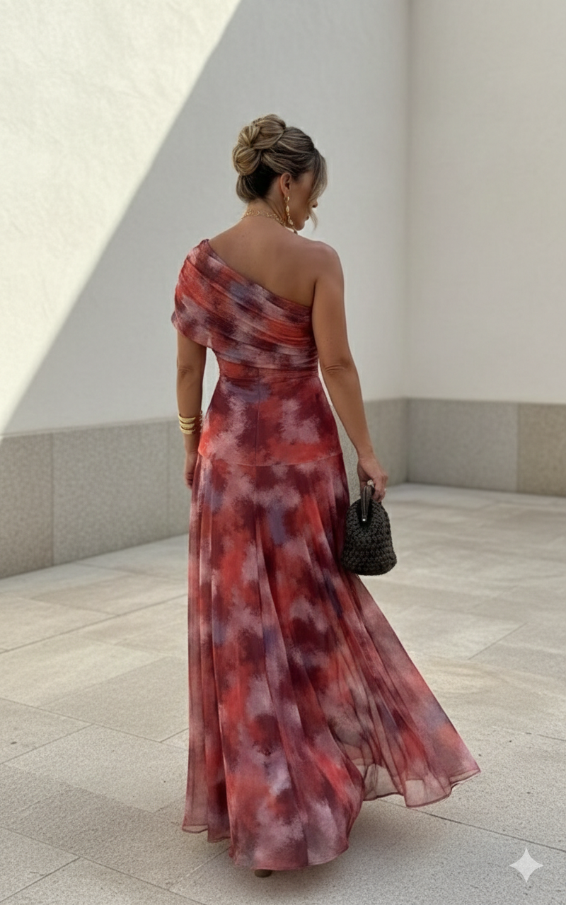 Lange, vloeiende satijnen jurk, tijdloze elegantie bij Maison Claire en Sylvie
