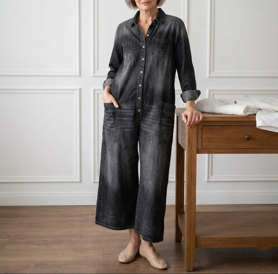 Diana | Vintage jumpsuit in denim katoen zacht gewassen met knopen
