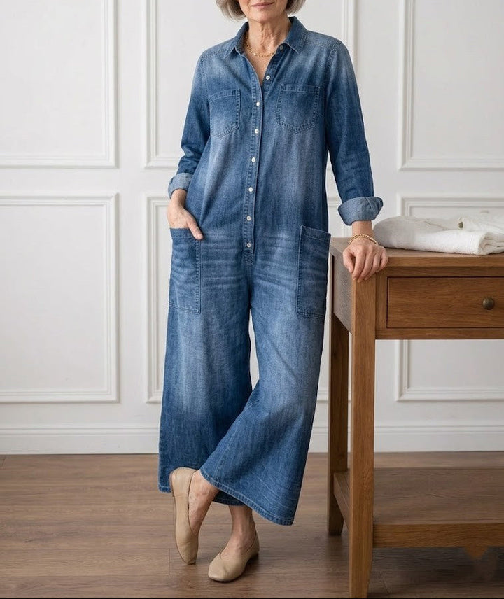Diana | Vintage jumpsuit in denim katoen zacht gewassen met knopen